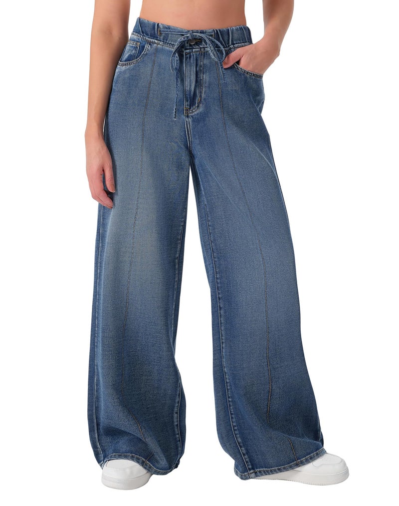 roswear Womens Jeans Non-Stretch Sweatpants Loose Fit Pull On Elastic Waist Front Seam Pants Washed Blue Medium - Image 1