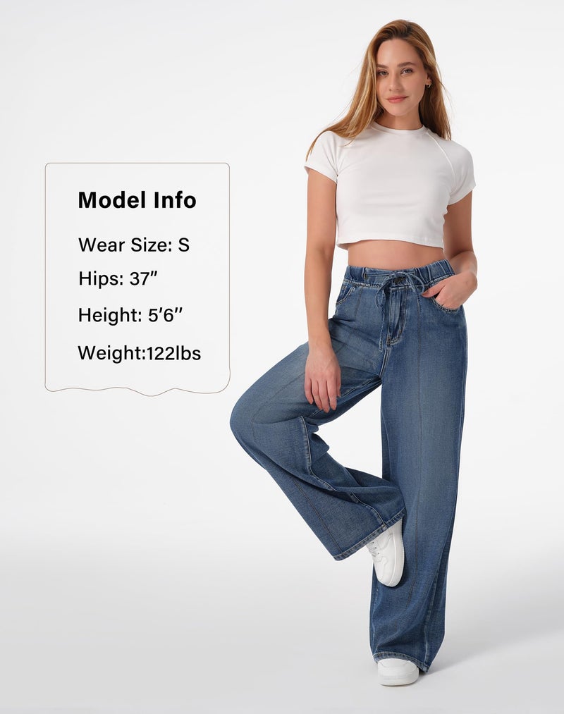roswear Womens Jeans Non-Stretch Sweatpants Loose Fit Pull On Elastic Waist Front Seam Pants Washed Blue Medium - Image 4