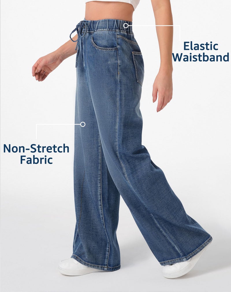roswear Womens Jeans Non-Stretch Sweatpants Loose Fit Pull On Elastic Waist Front Seam Pants Washed Blue Medium - Image 3