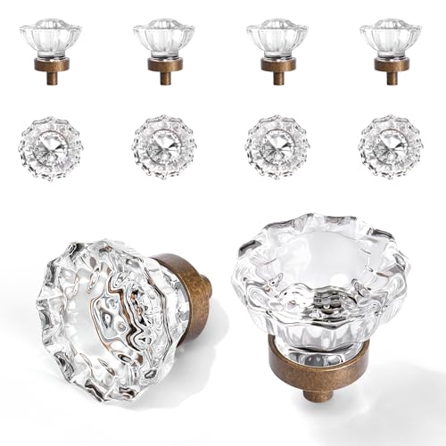 CEYMIO Vintage Cabinet Knobs Crystal Cabinets Knob 8 Pack Antique Brass Bronze Small Pull Clear Crystal Closet Dresser Drawers Cupboard Wardrobe Old Fashioned Handle Retro Pulls Two Installation Methods - Image 1