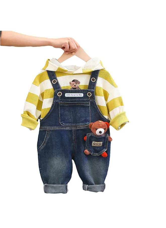 صندوق المفاجآت الصغيرة Green Stripes Teddy Bear Soft Toy Dungary Style 2 Pc Clothing Set For Toddlers And Kids
