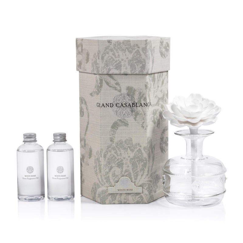 Zodax Grand Casablanca Reed Diffuser - Home Fragrance Oil Diffuser Ideal for Living Room, Bathroom, Office - Porcelain Flower Design - Gift Box Packaging Included - White Rose - 6.76 Oz.