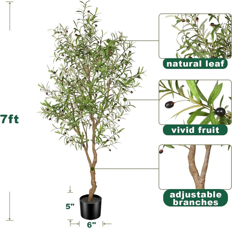 FEELEAD 7ft Faux Olive Tree - Fake Potted Olive Silk Tree with Planter Natural Olive Branches and Realistic Leaves Artificial Tree for Home House Office Decor Indoor - Image 3