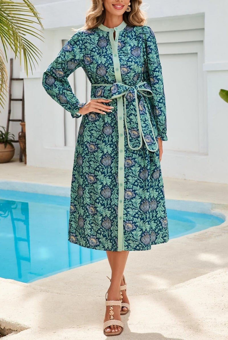 LifeShe Women Floral Midi Dress Long Sleeve Button Down Shirt Dress with Belt Blue - Image 4