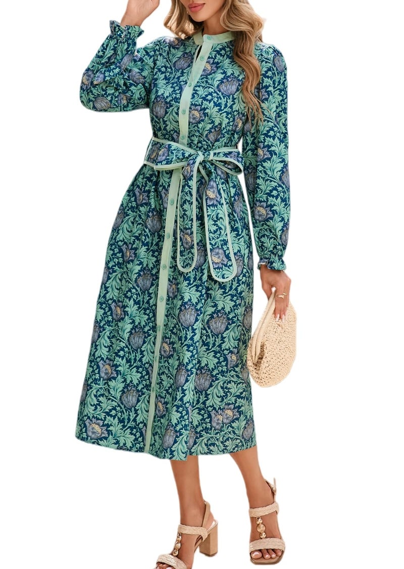 LifeShe Women Floral Midi Dress Long Sleeve Button Down Shirt Dress with Belt Blue - Image 1
