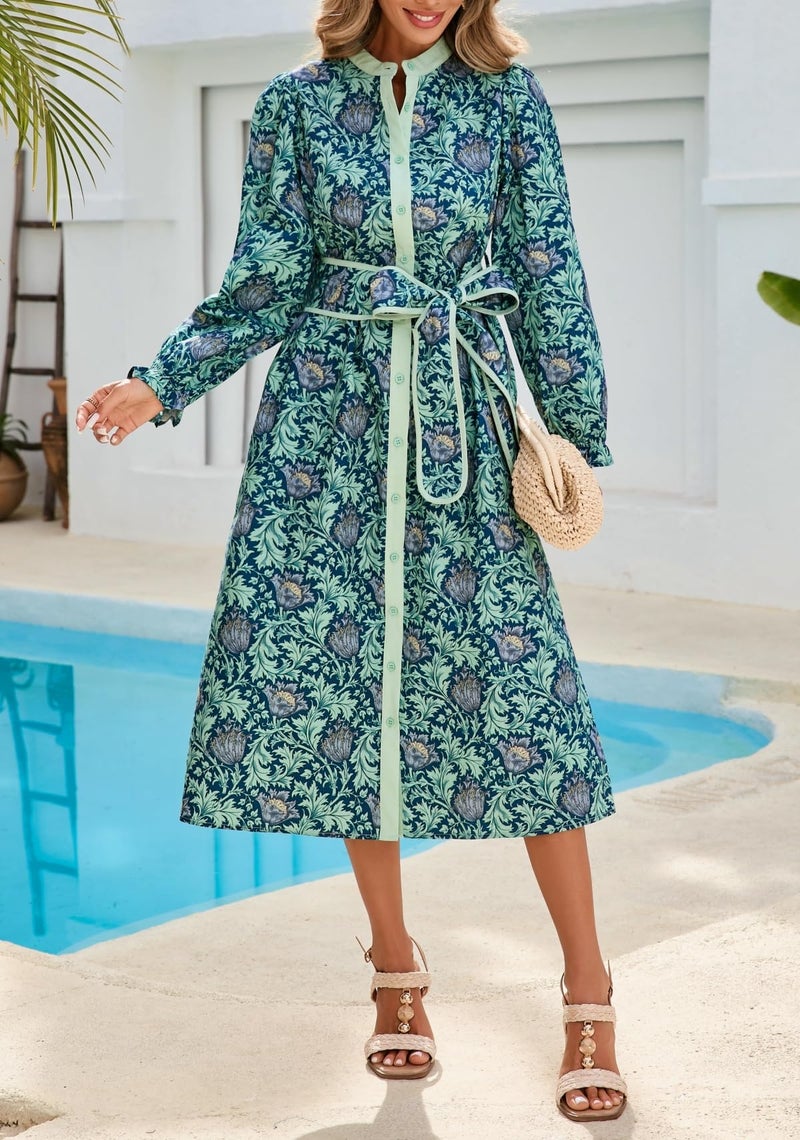 LifeShe Women Floral Midi Dress Long Sleeve Button Down Shirt Dress with Belt Blue - Image 3