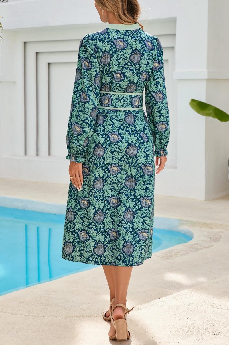 LifeShe Women Floral Midi Dress Long Sleeve Button Down Shirt Dress with Belt Blue - Image 2