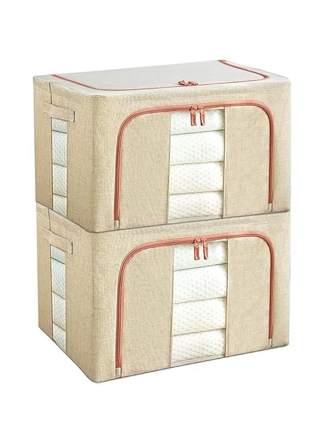 HOOKOR 2 Pack Stackable & Collapsible Clothes Storage Bins,72L Linen Fabric Closet Organizer with Windows & Zippers, Foldable Containers for Clothes, Toys, Sheets, Blankets (Beige) - Image 1