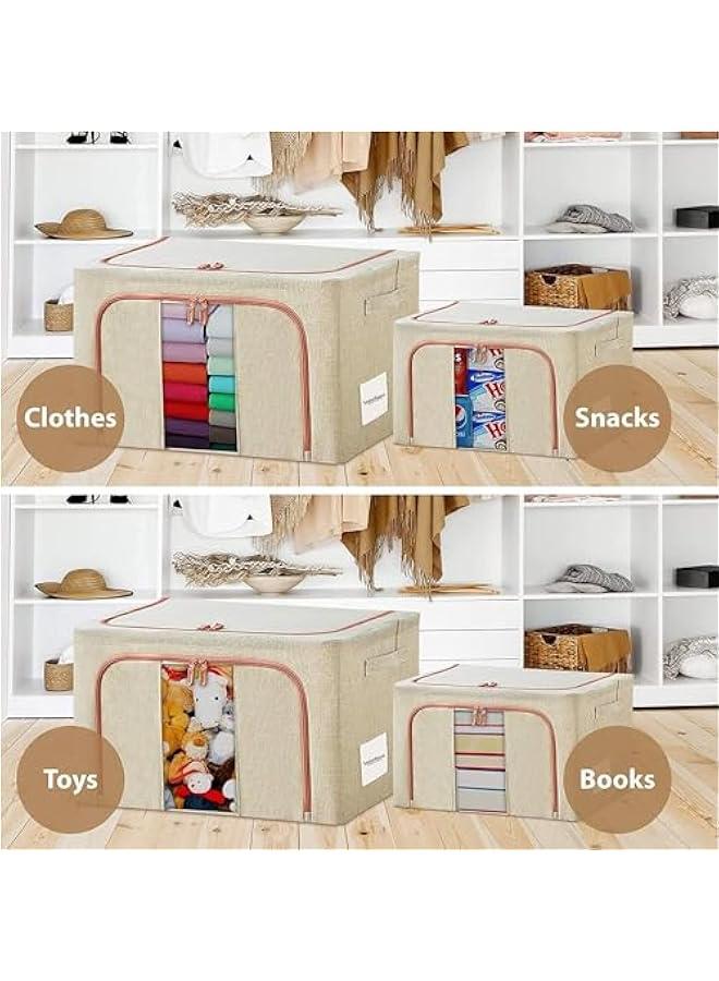 HOOKOR 2 Pack Stackable & Collapsible Clothes Storage Bins,72L Linen Fabric Closet Organizer with Windows & Zippers, Foldable Containers for Clothes, Toys, Sheets, Blankets (Beige) - Image 3
