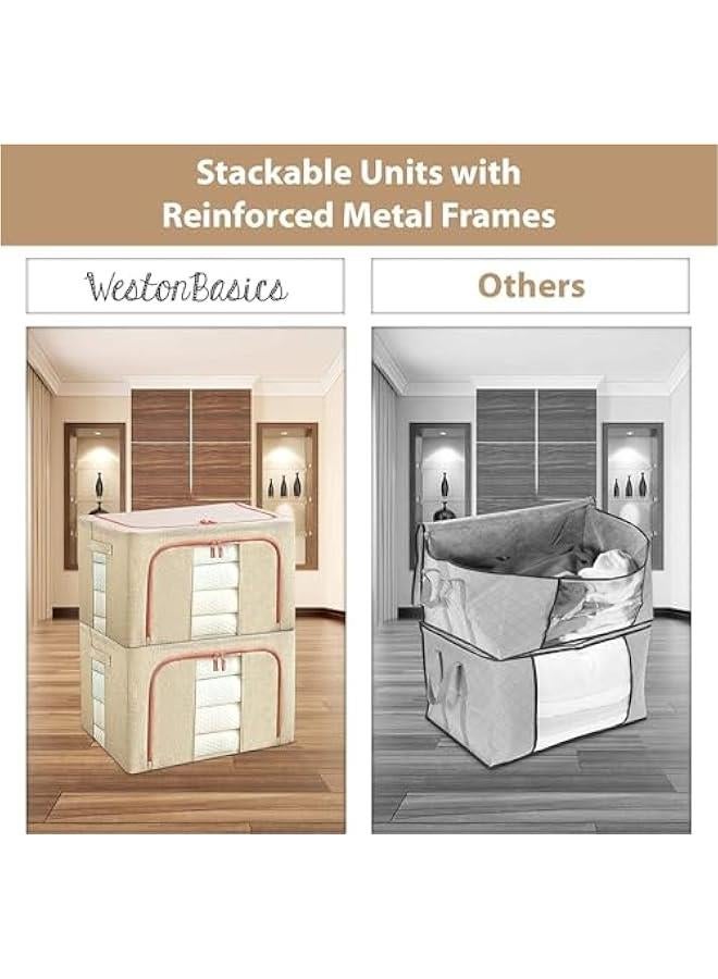 HOOKOR 2 Pack Stackable & Collapsible Clothes Storage Bins,72L Linen Fabric Closet Organizer with Windows & Zippers, Foldable Containers for Clothes, Toys, Sheets, Blankets (Beige) - Image 4
