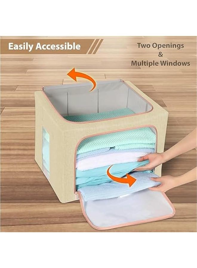 HOOKOR 2 Pack Stackable & Collapsible Clothes Storage Bins,72L Linen Fabric Closet Organizer with Windows & Zippers, Foldable Containers for Clothes, Toys, Sheets, Blankets (Beige) - Image 5