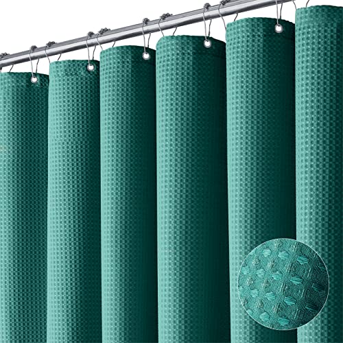 Dynamene Green Fabric Shower Curtain - Waffle Weave Textured Heavy Duty Cloth Shower Curtains for Bathroom, 256GSM Hotel Luxury Weighted Bath Curtain Set with 12 Plastic Hooks,72x72, Seaweed Green - Image 1