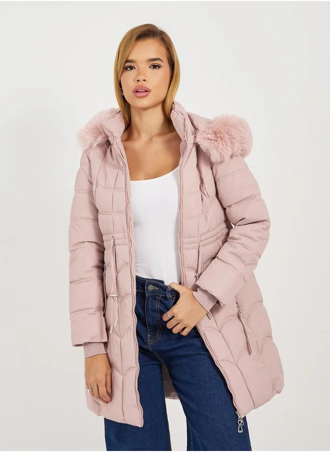 Styli Regular Fit Longline Padded Coat with Faux Fur Hoodie