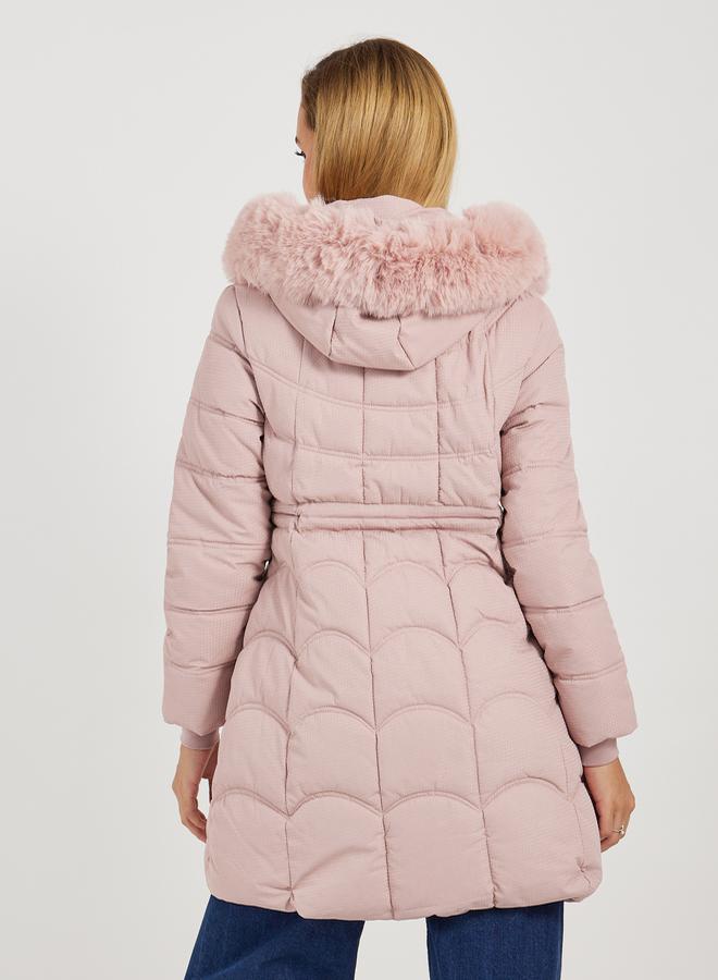 Styli Regular Fit Longline Padded Coat with Faux Fur Hoodie - Image 5
