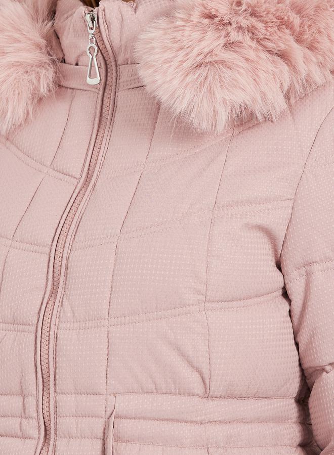 Styli Regular Fit Longline Padded Coat with Faux Fur Hoodie - Image 4