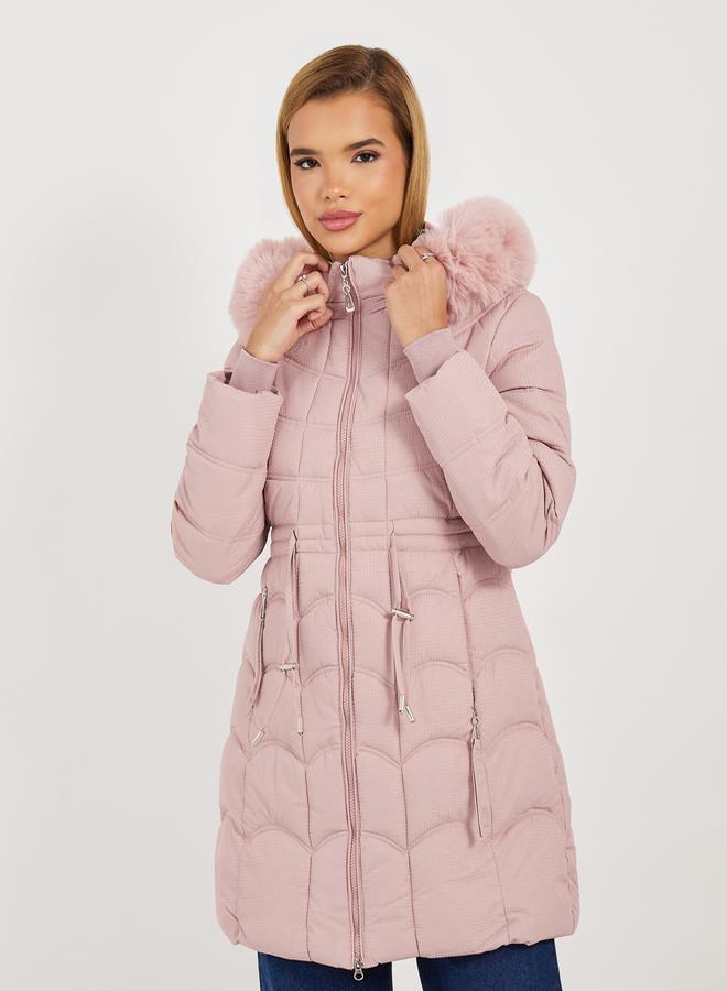 Styli Regular Fit Longline Padded Coat with Faux Fur Hoodie - Image 3