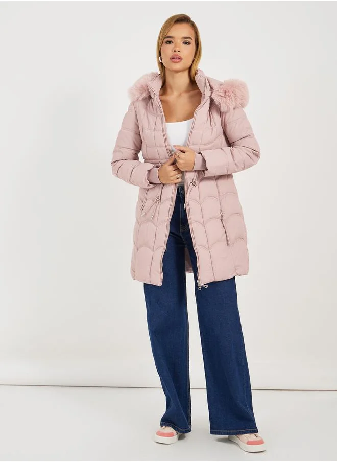 Styli Regular Fit Longline Padded Coat with Faux Fur Hoodie