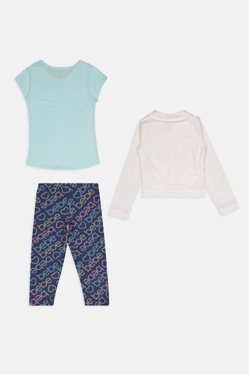 bebe Kids Girl 3 Pcs Brand Logo T-shirt, Jacket And Pants Set, Multicolor - Image 3