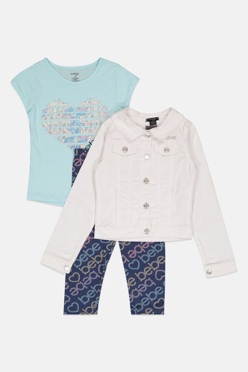 bebe Kids Girl 3 Pcs Brand Logo T-shirt, Jacket And Pants Set, Multicolor - Image 4
