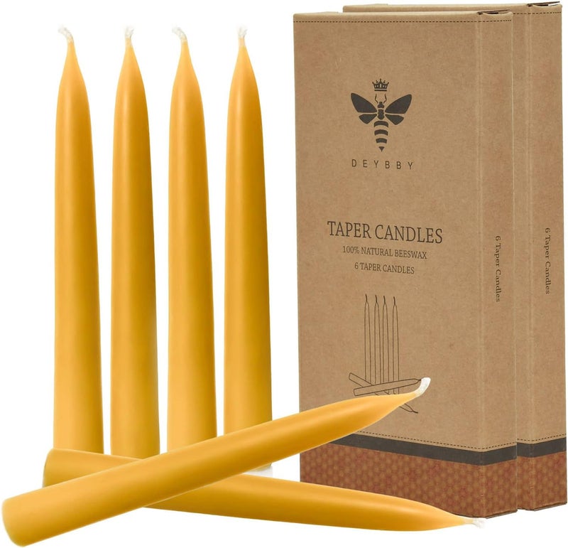 DEYBBY 8 inch Natural Beeswax Taper Candles Set of 12, DEYBBY Smokeless and Dripless Beeswax Candles, 8Hrs Burn Time, Nontoxic - Image 1