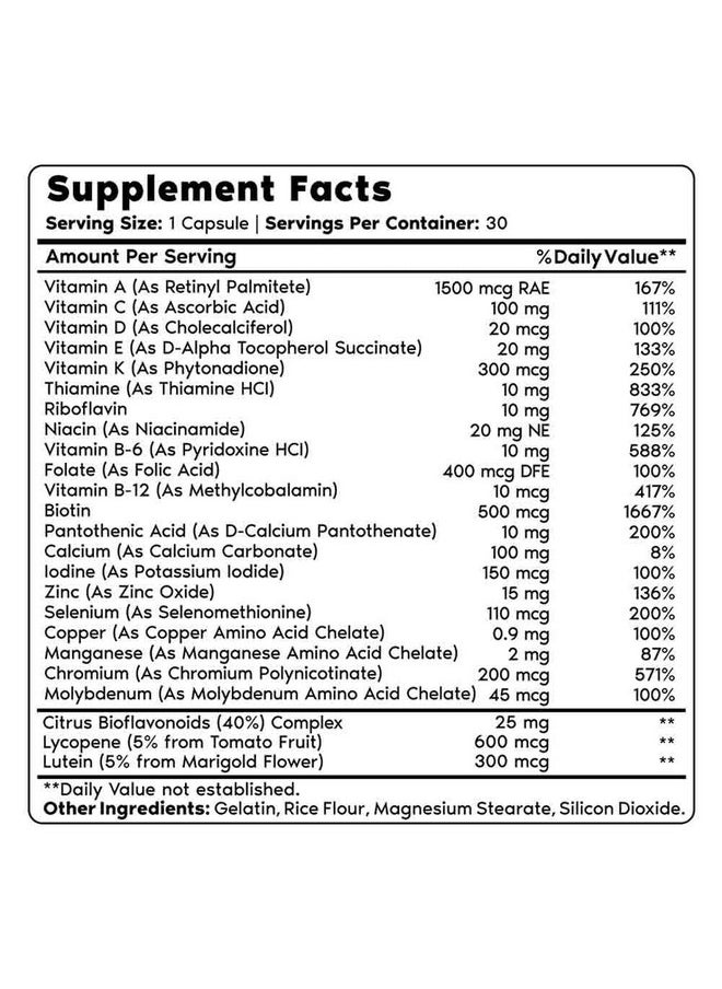 Primal Harvest - Multivitamin For Women And Men Vitamin A Vitamin C Vitamin D And E Vitamin B12 B6 Biotin Zinc Supplements 30 Capsules - Image 1