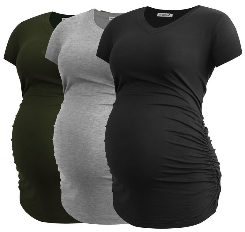 Smallshow Women's V Neck Maternity Clothes Tops Side Ruched Pregnancy T Shirt X-Large Army Green-Black-Grey