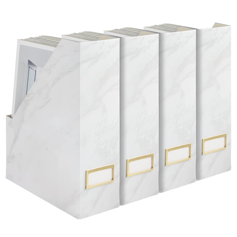 BLU MONACO Set of 4 Magazine Holders | White Marble Design with Gold Label Holders | Foldable File Organizer Boxes for Desk, Office & Classroom | Stylish Paper & Magazine Storage - Image 1