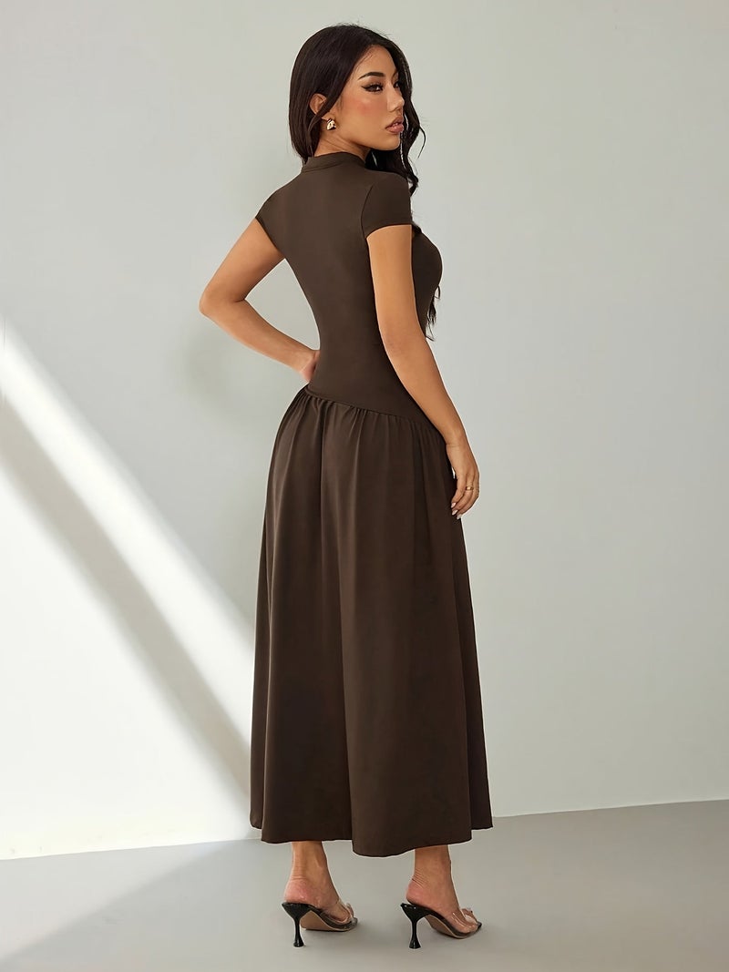 Women's Solid Color Stand Collar Puff Sleeve Pleated Long Casual Dress, Summer Dress - Image 4