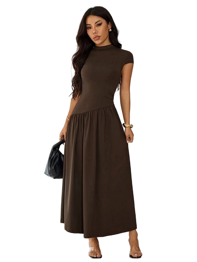 Women's Solid Color Stand Collar Puff Sleeve Pleated Long Casual Dress, Summer Dress - Image 1