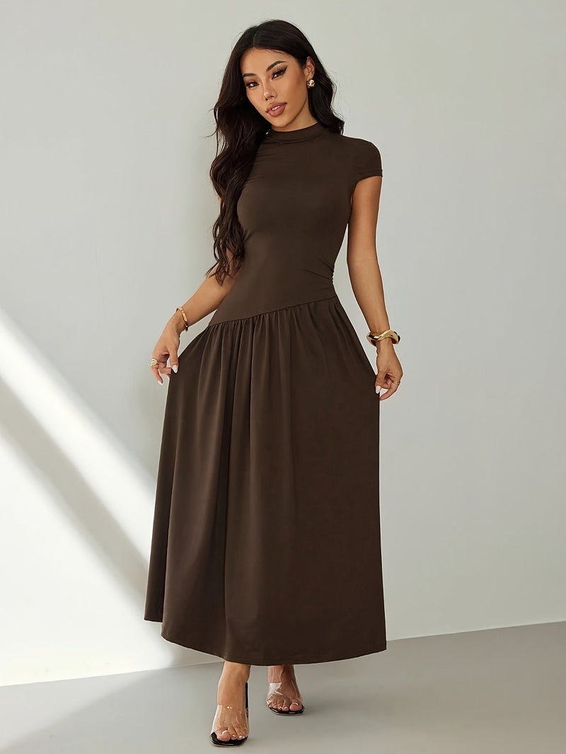 Women's Solid Color Stand Collar Puff Sleeve Pleated Long Casual Dress, Summer Dress - Image 2