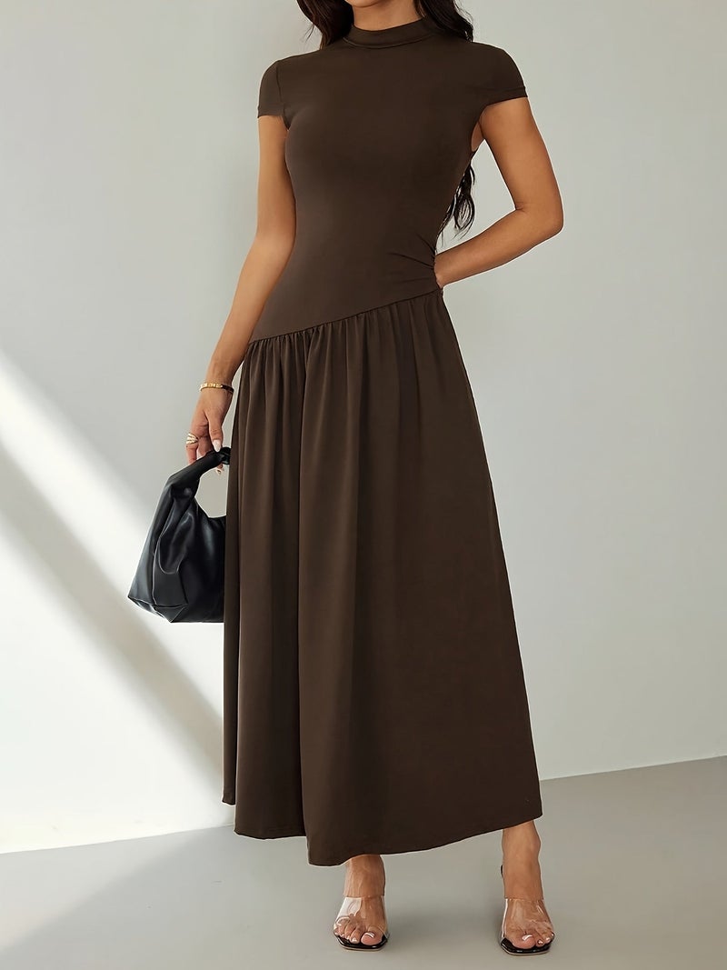 Women's Solid Color Stand Collar Puff Sleeve Pleated Long Casual Dress, Summer Dress - Image 5