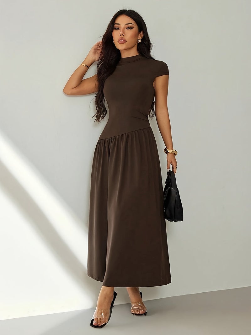 Women's Solid Color Stand Collar Puff Sleeve Pleated Long Casual Dress, Summer Dress - Image 3