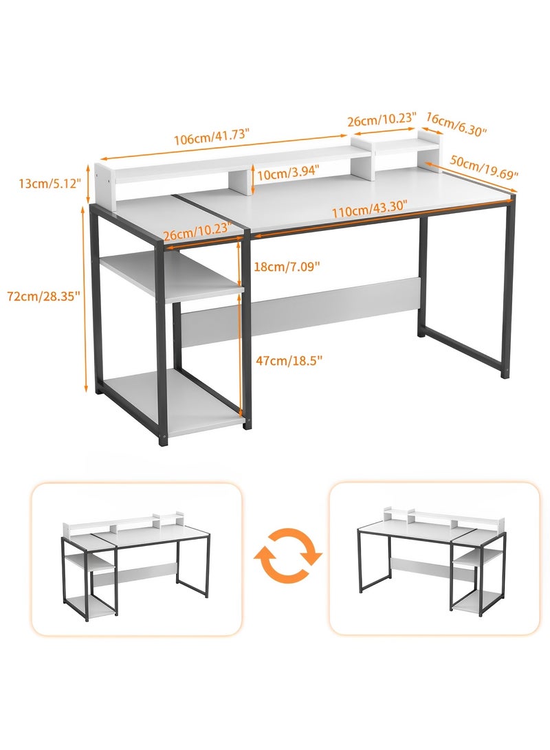 SHEIDLIN مكتب كمبيوتر، مكتب ألعاب مقاس 54 بوصة، مكتب منزلي مزود بأرفف تخزين مزدوجة مدمجة وحامل شاشة ثلاثي، يوفر مساحة تخزين، طاولة حديثة، أبيض - Image 2