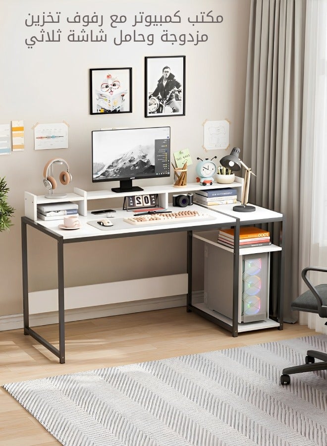 SHEIDLIN مكتب كمبيوتر، مكتب ألعاب مقاس 54 بوصة، مكتب منزلي مزود بأرفف تخزين مزدوجة مدمجة وحامل شاشة ثلاثي، يوفر مساحة تخزين، طاولة حديثة، أبيض - Image 1