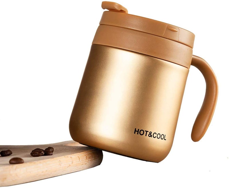 SIYANSHU 350 ML Insulated Coffee Mug Stainless Steel Coffee Mug with Handle Lid Double Vacuum Wall Stainless Steel Beer Mug ravel Mug Tumbler for Hot Cold Drinks (Gold) - Image 1