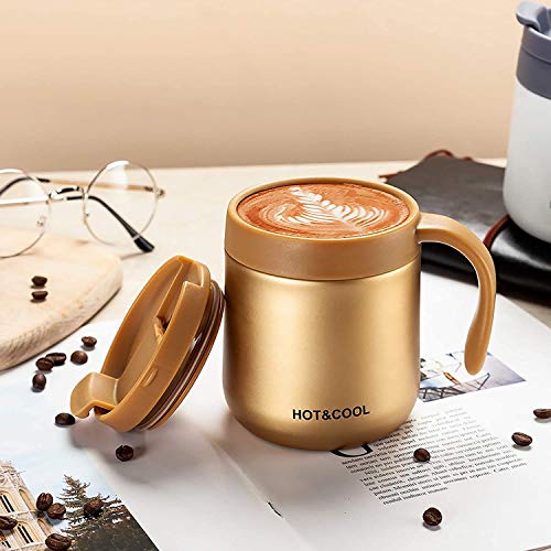 SIYANSHU 350 ML Insulated Coffee Mug Stainless Steel Coffee Mug with Handle Lid Double Vacuum Wall Stainless Steel Beer Mug ravel Mug Tumbler for Hot Cold Drinks (Gold) - Image 2