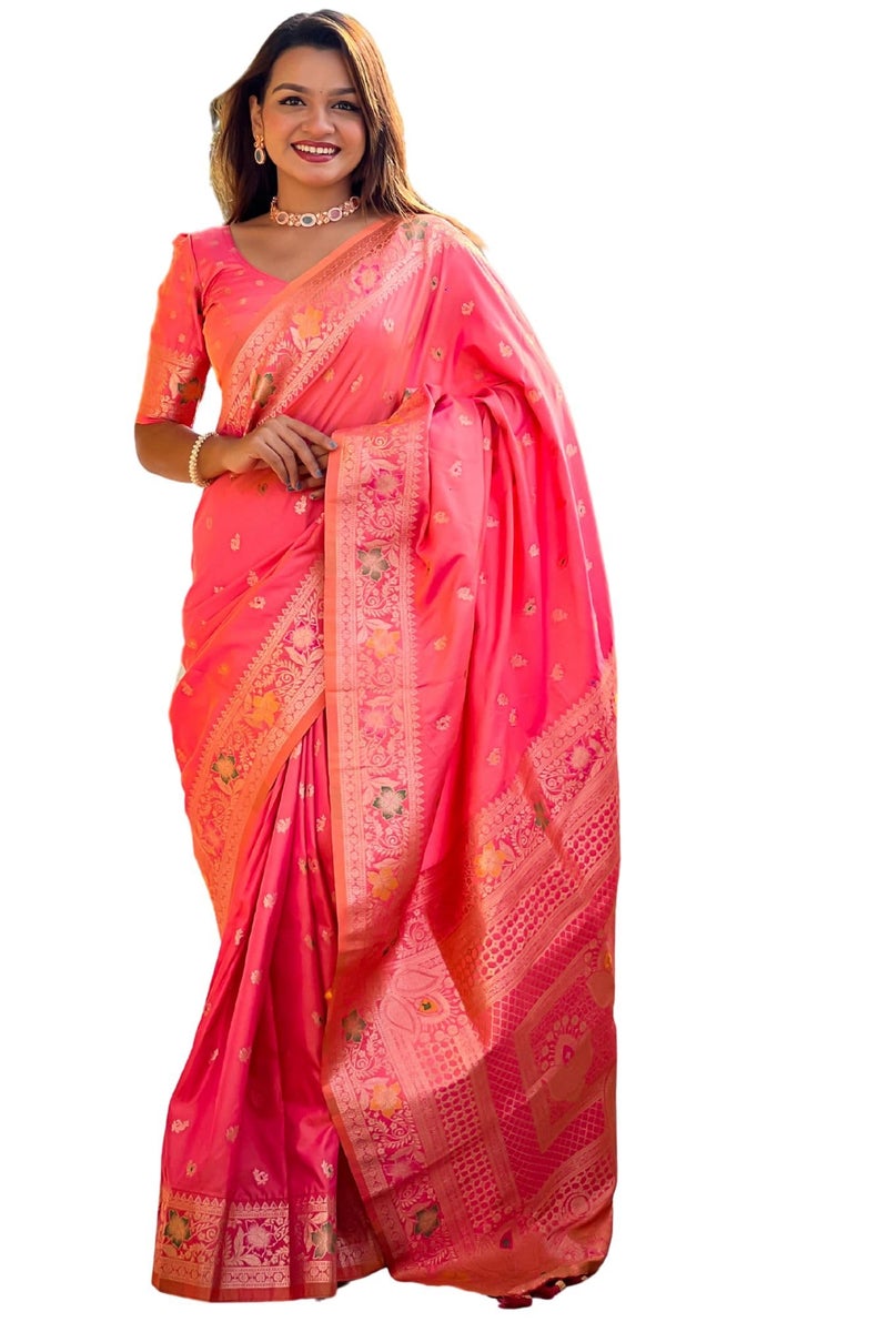 SGF11 Women's Kanjivaram Pure Soft Silk Saree With Unstitched Blouse Piece (Peach) - Image 1