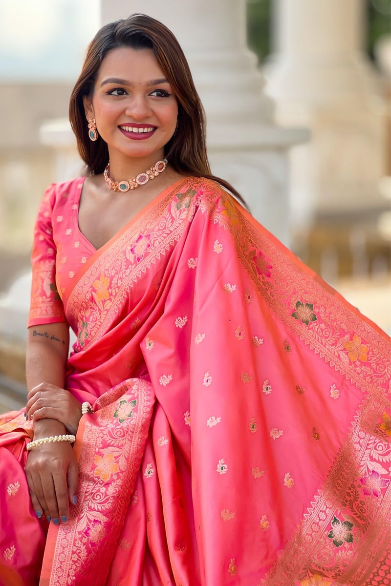 SGF11 Women's Kanjivaram Pure Soft Silk Saree With Unstitched Blouse Piece (Peach) - Image 5