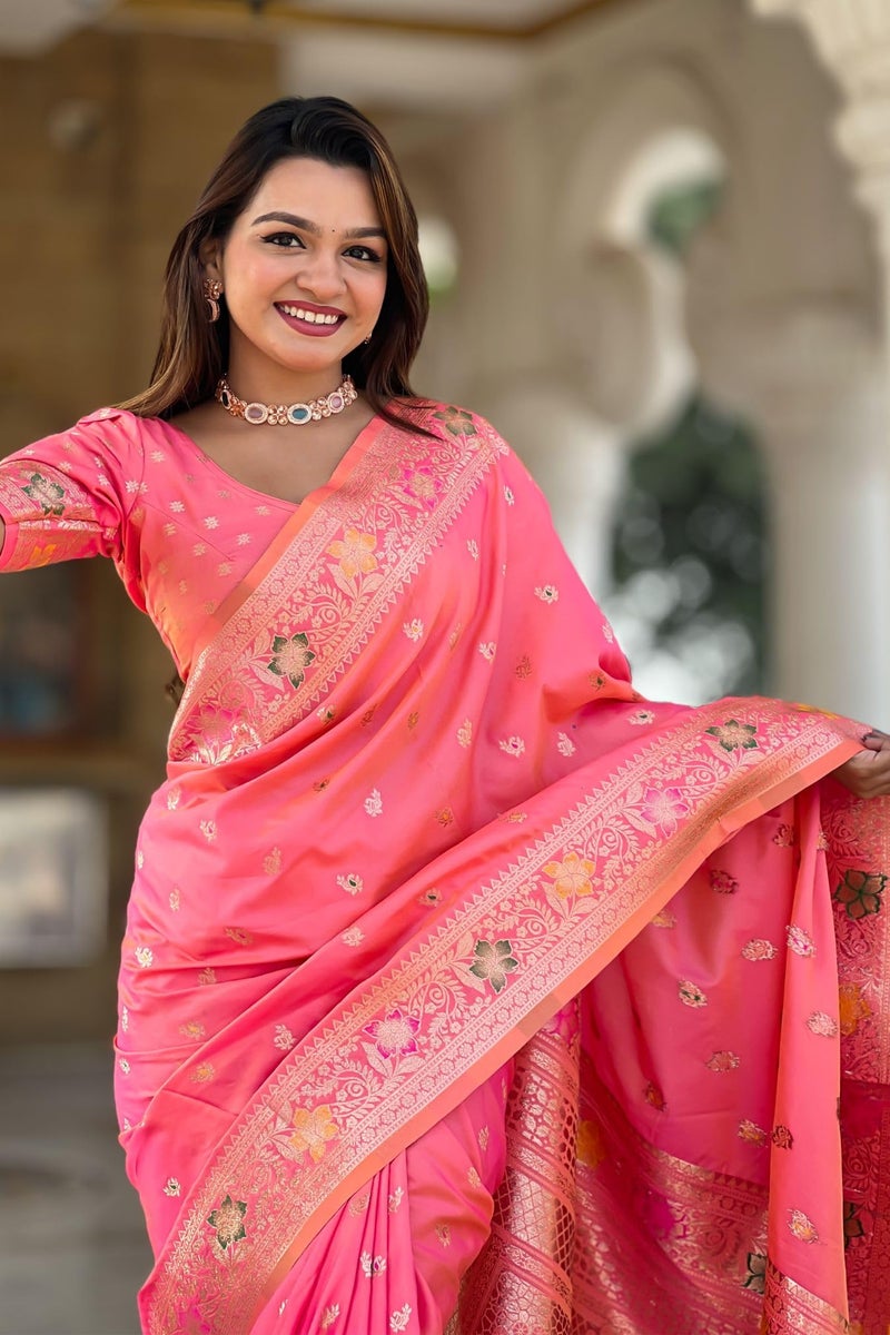 SGF11 Women's Kanjivaram Pure Soft Silk Saree With Unstitched Blouse Piece (Peach) - Image 3