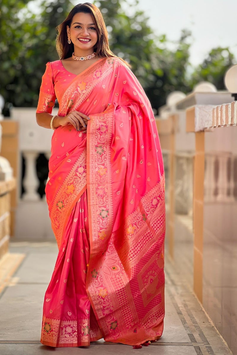 SGF11 Women's Kanjivaram Pure Soft Silk Saree With Unstitched Blouse Piece (Peach) - Image 2
