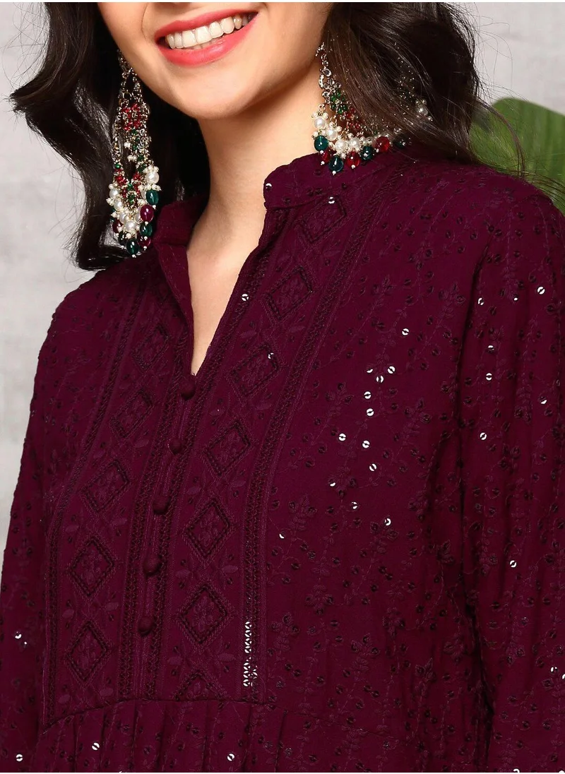 آي شين Women's Wine Rayon Printed Tunic Full Length Casual Straight Fit Kurta Set