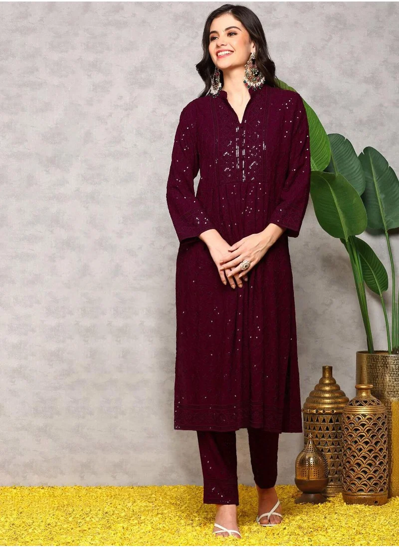 آي شين Women's Wine Rayon Printed Tunic Full Length Casual Straight Fit Kurta Set