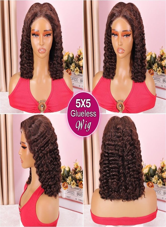 Ailwelia Curly Bob Wig Human Hair Deep Wave Glueless Wigs Human Hair Pre Plucked Pre Cut 5x5 Wear And Go HD Lace Closure Wigs Human Hair For Black Women 200% Density Chocolate Brown Color 12 Inch - Image 4