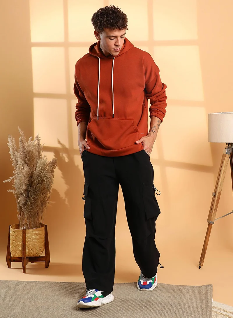 كامبوس سوترا Men's Burnt Orange Oversized Pullover Sweatshirt With Kangaroo Pocket