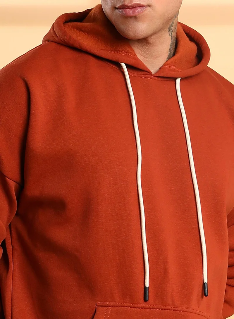 كامبوس سوترا Men's Burnt Orange Oversized Pullover Sweatshirt With Kangaroo Pocket