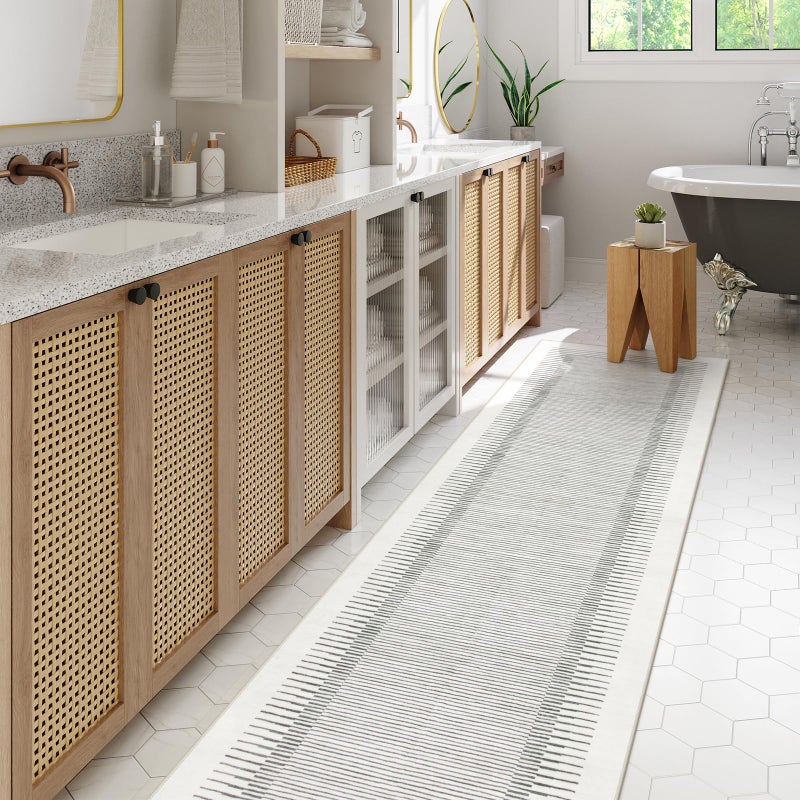 Morebes Modern White 2.5x8 Hallway Runner Rug, Berber Striped Kitchen Rugs Non Slip Washable Runner Rug, Soft Low Pile Indoor Floor Carpet for Bathroom Bedroom Laundry - Image 2