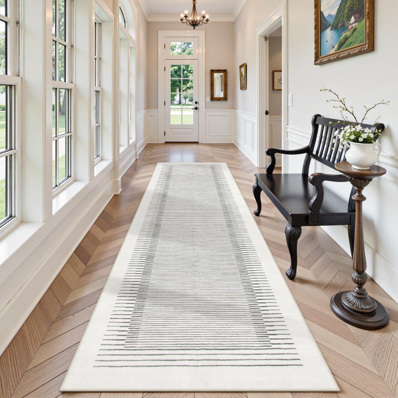 Morebes Modern White 2.5x8 Hallway Runner Rug, Berber Striped Kitchen Rugs Non Slip Washable Runner Rug, Soft Low Pile Indoor Floor Carpet for Bathroom Bedroom Laundry - Image 1