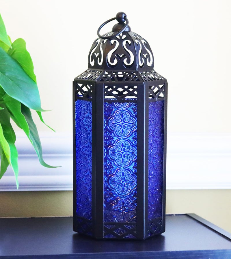 VELA LANTERNS Moroccan Candle Lantern Decorative Candle Holder for Table or Hanging, Ramadan Decorations, Indoor Home Decor, Outdoor Patio or Porch, Weddings, Black Metal, Cobalt Blue Glass, Medium - Image 5