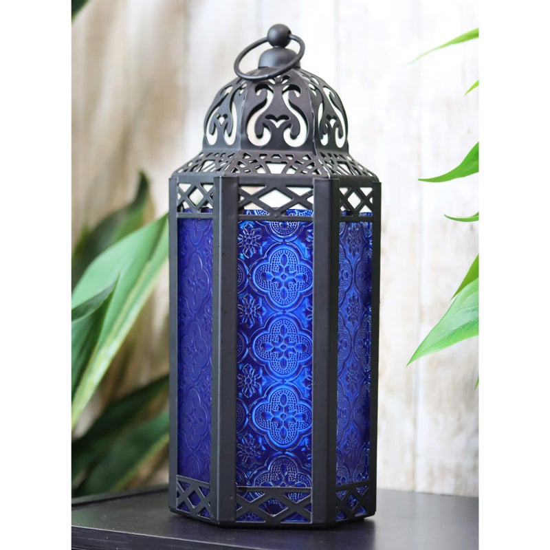 VELA LANTERNS Moroccan Candle Lantern Decorative Candle Holder for Table or Hanging, Ramadan Decorations, Indoor Home Decor, Outdoor Patio or Porch, Weddings, Black Metal, Cobalt Blue Glass, Medium - Image 2