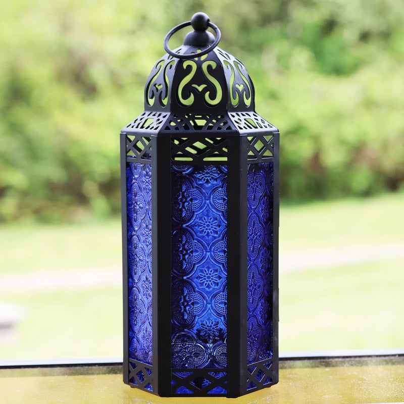 VELA LANTERNS Moroccan Candle Lantern Decorative Candle Holder for Table or Hanging, Ramadan Decorations, Indoor Home Decor, Outdoor Patio or Porch, Weddings, Black Metal, Cobalt Blue Glass, Medium - Image 4
